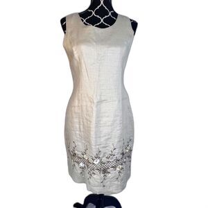 Cali Cali Beige‎ 100% Linen Sleeveless Embroidered Hem Sheath Dress Size 6